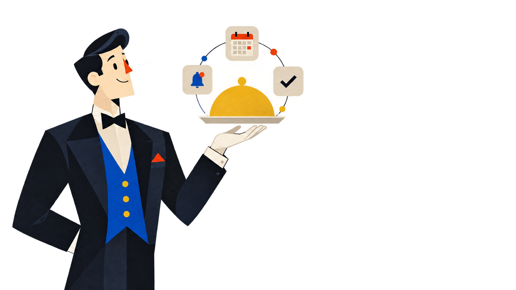 Ludwig, ein Butler im Bauhaus-Stil, präsentiert auf der offenen Hand eine goldene Servierglocke, umgeben von Symbolen für Kalender, Benachrichtigung und erledigte Aufgaben.